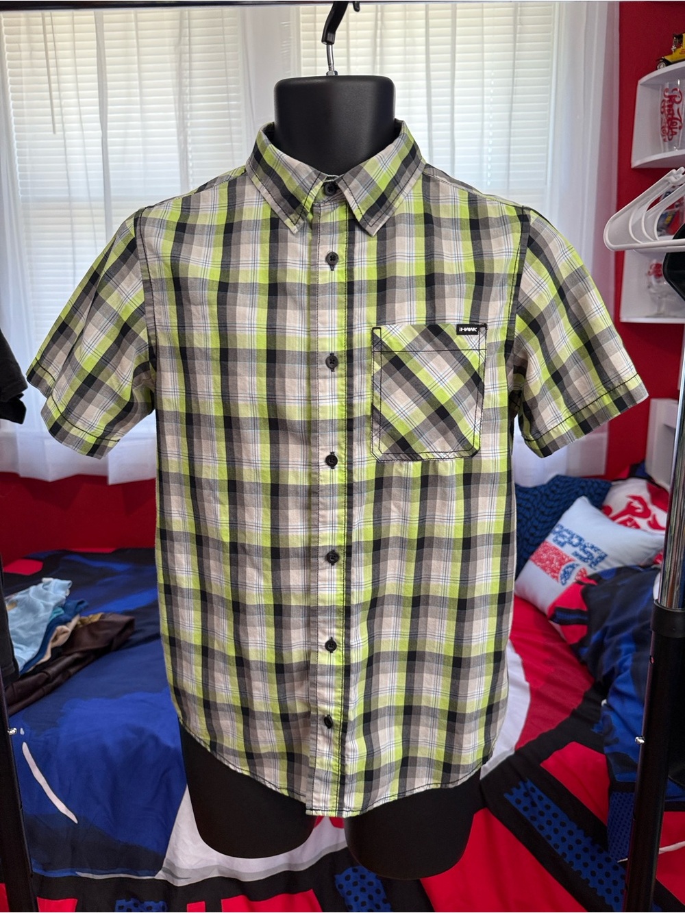 Tony Hawk Short-Sleeve Plaid Button-Down Shirt - Green, Gray, White